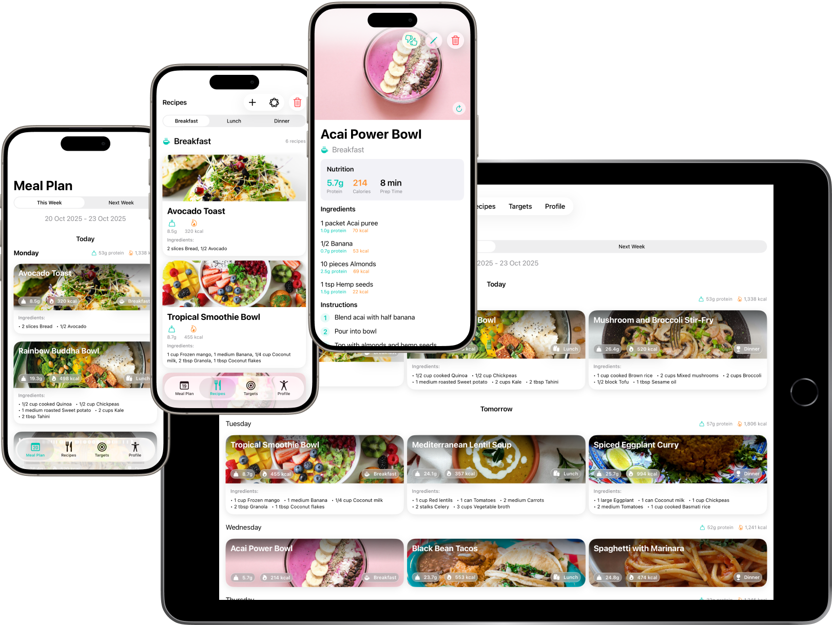 Vitalmint app interface on iPhone and iPad showing AI meal planning, personalized recipes, and nutrition tracking