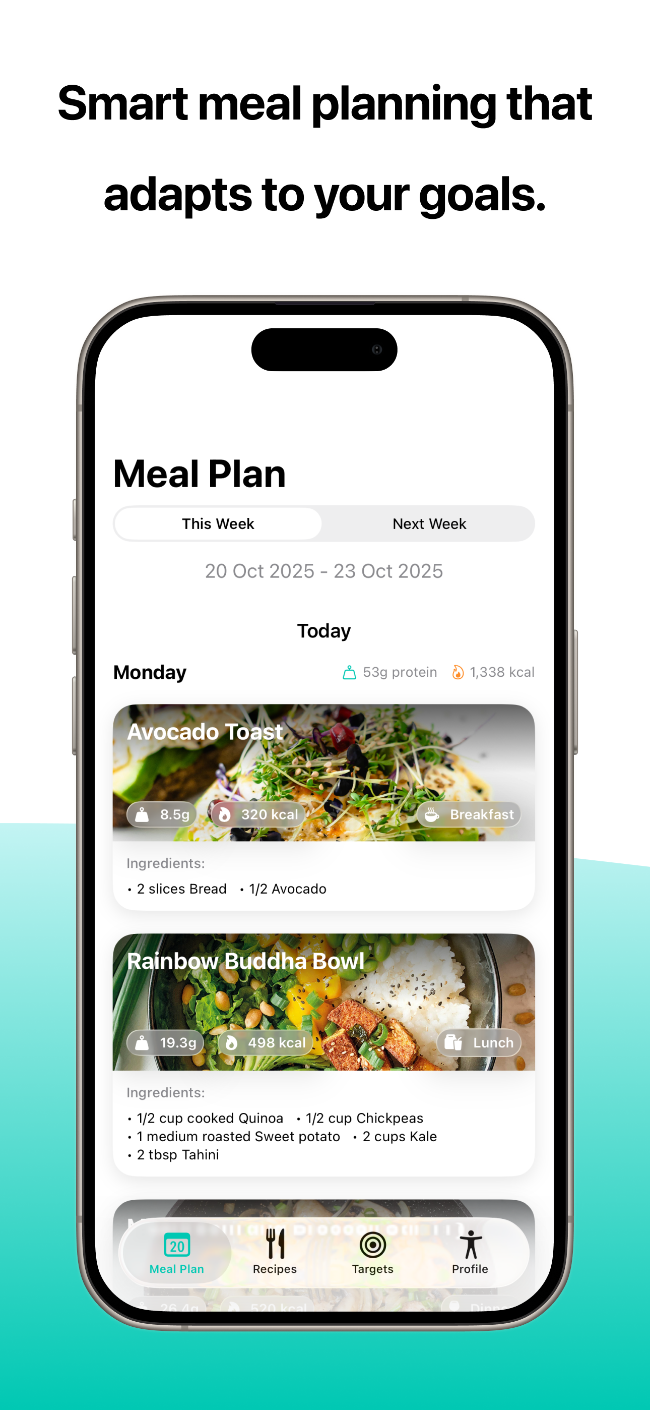 Vitalmint AI meal planner showing personalized weekly meal plans with breakfast, lunch and dinner recipes tailored to fitness goals