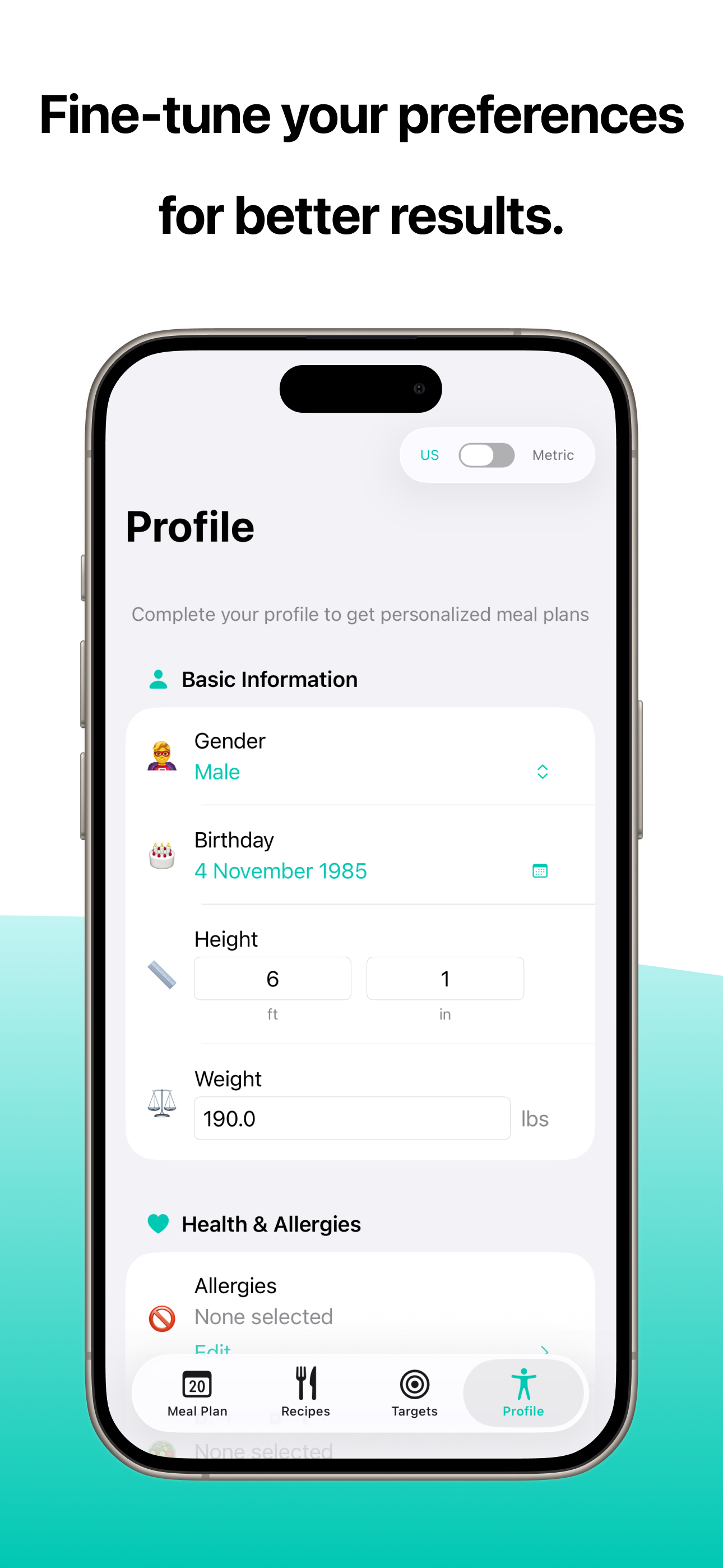 User profile customization screen in Vitalmint for setting dietary preferences, allergies, cooking skills, and fitness goals