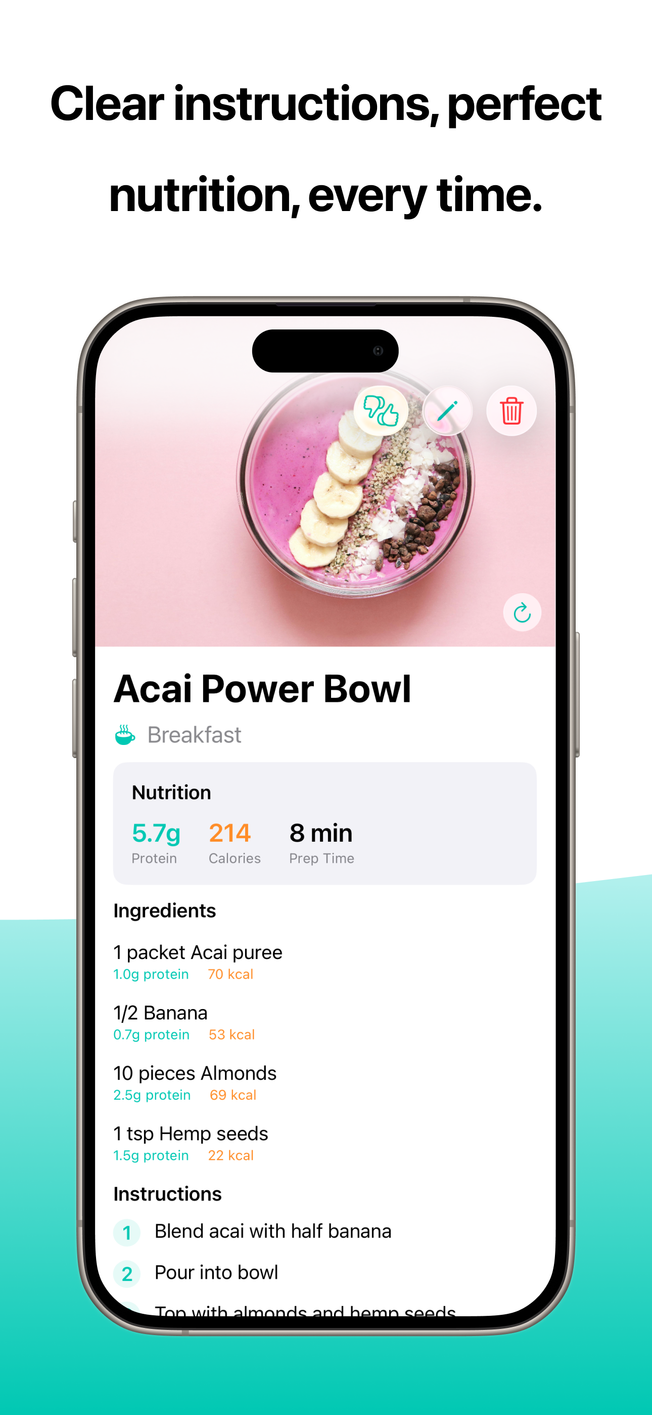 Detailed recipe view in Vitalmint showing step-by-step cooking instructions, ingredients list, and precise nutrition data