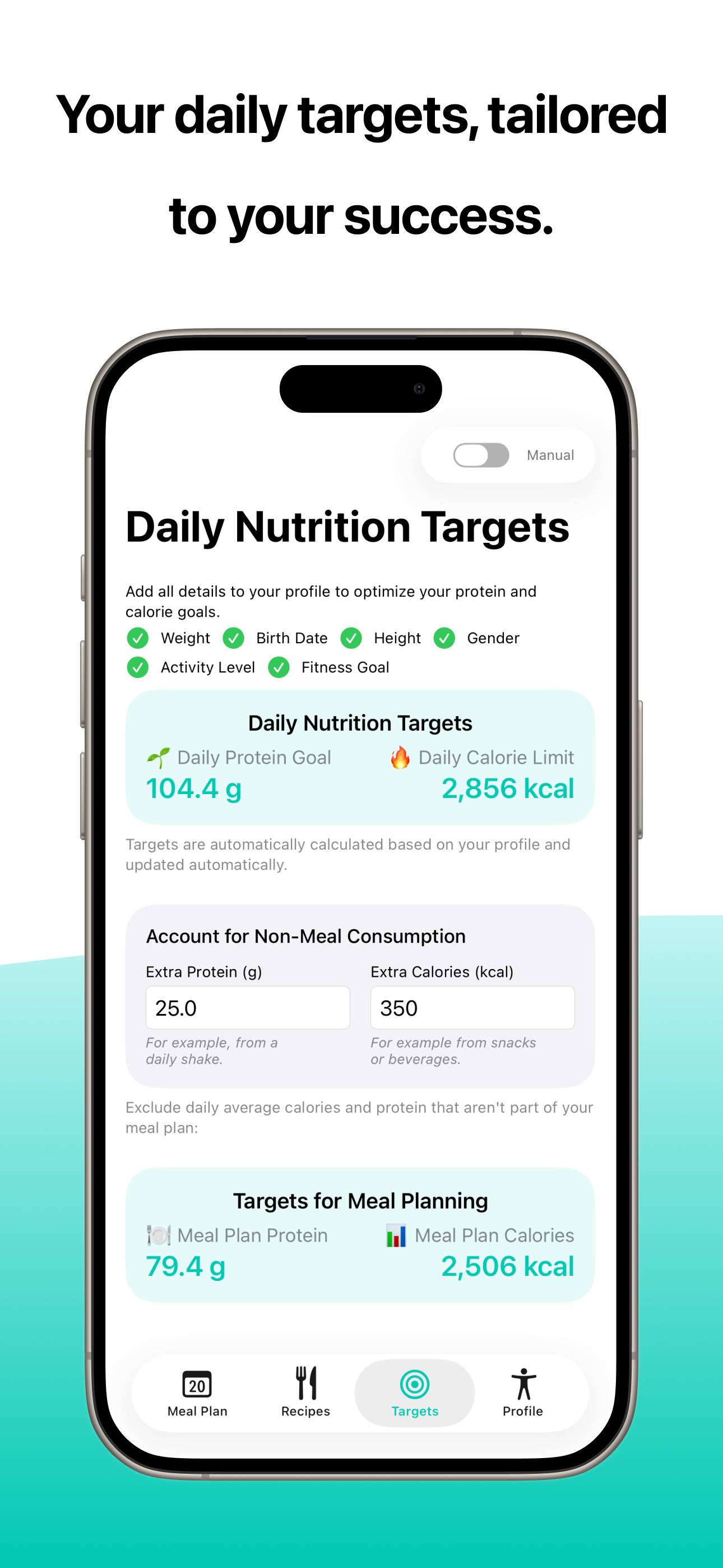 Personalized nutrition targets dashboard displaying daily protein goals, calorie limits, and macro tracking for fitness success